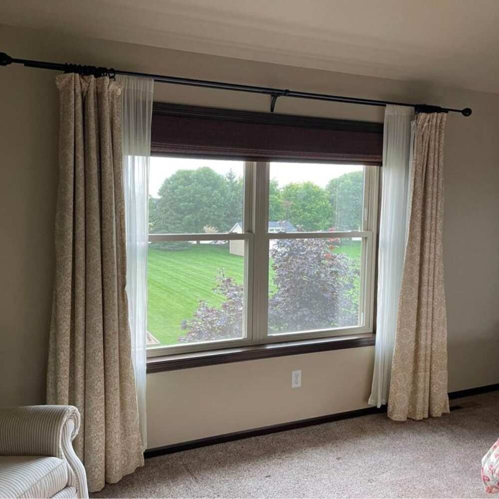 2 Pottery Barn Mustard Yellow/Taupe Lined Curtains and 2 Ivory Sheer Curtain Set